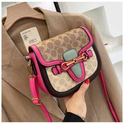 Women Retro Print Saddle Crossbody Bag Luxury Horse Bit Buckle Small Shoulder Bag Fashion PU Leather Ladies Daily Handbag