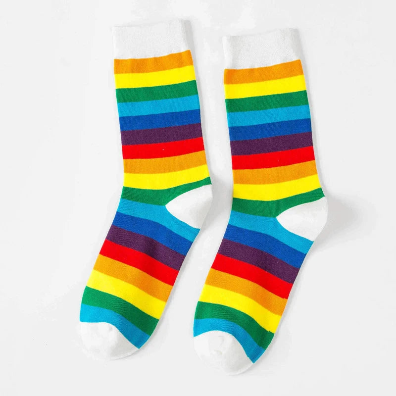 Rainbow Striped Socks Colorful Fashion Women Middle Tube Long Socks Trendy Candy Colors Breathable Cotton Casual Sport Socks New