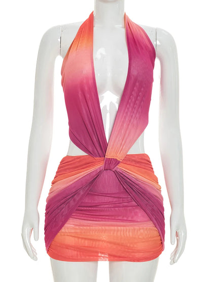 Weird Puss Colorful Gradient Print Dress Women Backless Sleeveless Halter Deep v-Neck Mesh Folds Summer Fashion Mini Bodycon