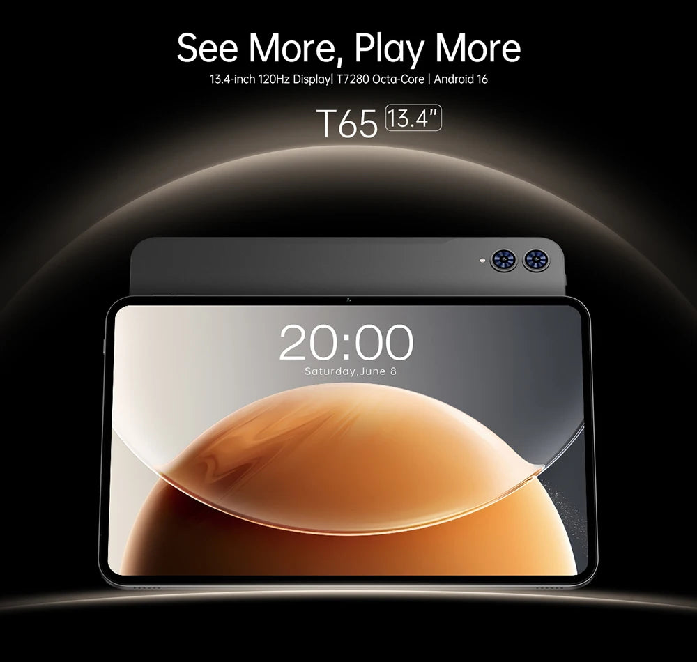 Teclast T65 13.4 Inches 2K 120Hz Screen Unisoc T7280 Octa Core Max 26G RAM 128GB ROM 8000mAh Battery Android 16 Tablets Dual SIM