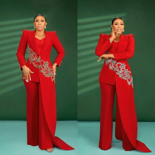 Customized Red Carpet Fashion Women Pants Suits 2 Pieces Slim Fit Crystal Beads Prom Evening Party Wear