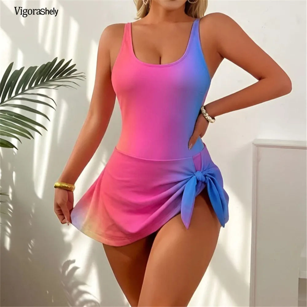Vigoashely 2026 Summer Gradient Print Monokini Swimwear Women Tied One Piece Swimsuit Female Backless Beach Dress Bathing Suit