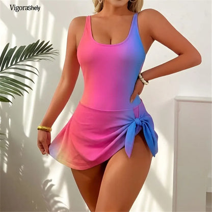 Vigoashely 2026 Summer Gradient Print Monokini Swimwear Women Tied One Piece Swimsuit Female Backless Beach Dress Bathing Suit