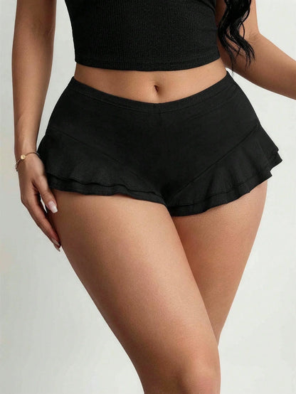 Women High Waist Double Layer Ruffle Trim Casual Mini Skort 2026 Summer Y2K Solid Black Stretch Soft Fabric Workout Streetwear S