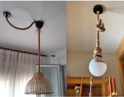 Hemp Rope Pendant Lights E27 Vintage Retro Hemp Rope Lamp Hanging Lamps Creative Loft Home Chandeliers LED Light Base AC85V-265V
