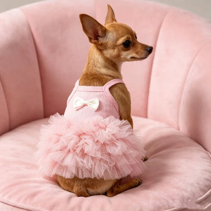 1PC Cute Pink Suspender Dog Tutu Dress With Bow, Breathable Ribbed Pet Princess Tulle Skirt,  Small Dogs & Cats