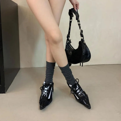 Silver Lace-up Sports Heels Women Fashions Pointed Toe Strange Style Mesh Sneakers Elegant Punk Shoes Female Luxury Brands Pumps