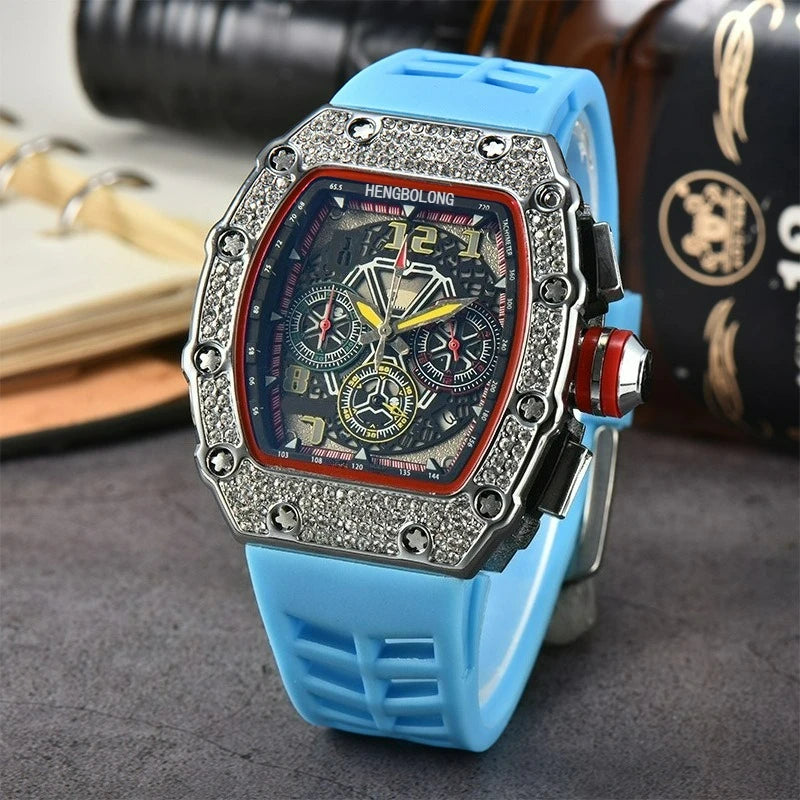 Hengbolong quartz watch men's popular wine barrel diamond-encrusted watch six-pin multi-function running second watch