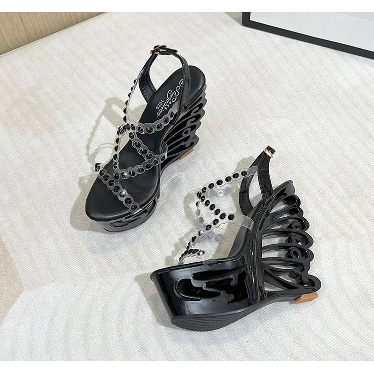 Voesnees Summer New Hollow Out Wedge Women's Pumps Shiny Sequins Fashion Party Shoes Club Heels Transparent Narrow Belt Sandals