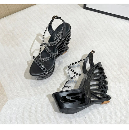 Voesnees Summer New Hollow Out Wedge Women's Pumps Shiny Sequins Fashion Party Shoes Club Heels Transparent Narrow Belt Sandals
