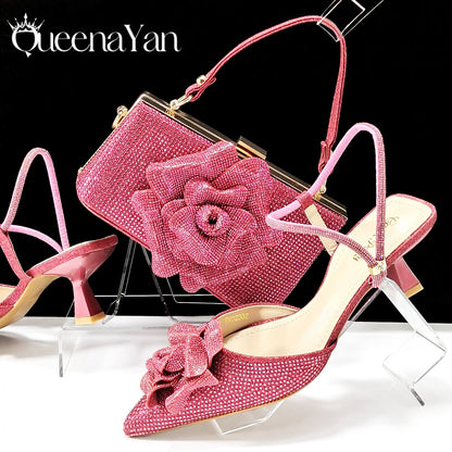 2025 Large Flower Design Shoes & Bag Nigerian Coffee Color Women's Stiletto Shoes For Special Good Time INS Style