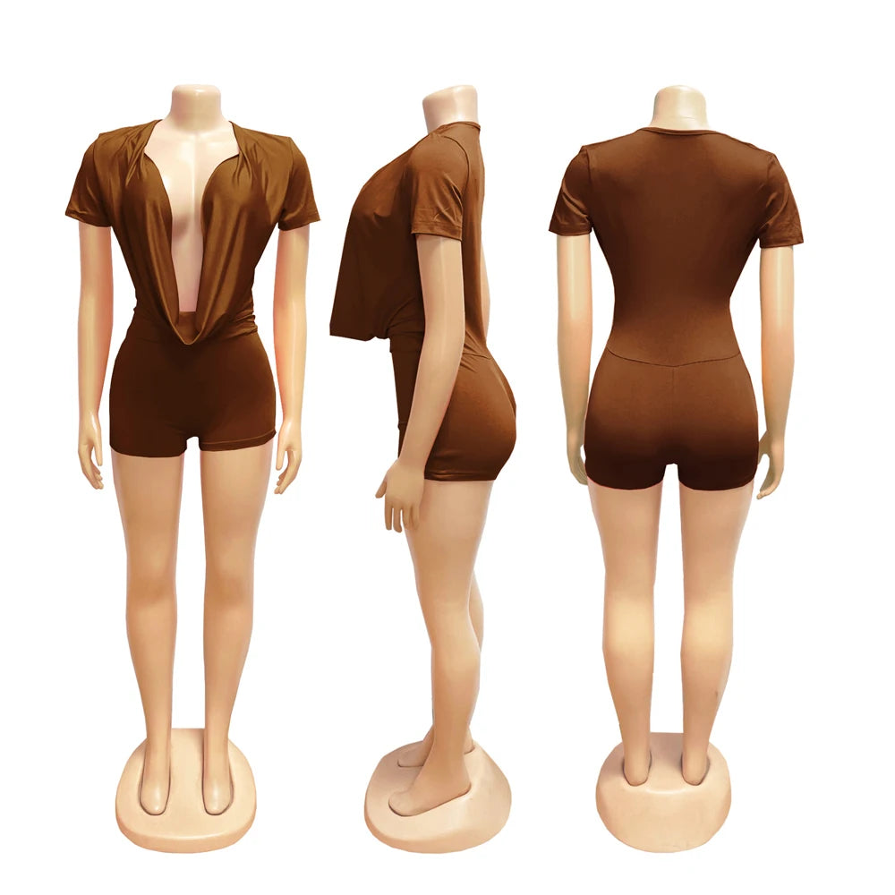 2026 Spring New Ruched Deep V Bodycon One Piece Rompers Women Short Sleeve Slim Jumpsuits Sexy Baddest Solid Color Overalls