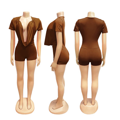 2026 Spring New Ruched Deep V Bodycon One Piece Rompers Women Short Sleeve Slim Jumpsuits Sexy Baddest Solid Color Overalls