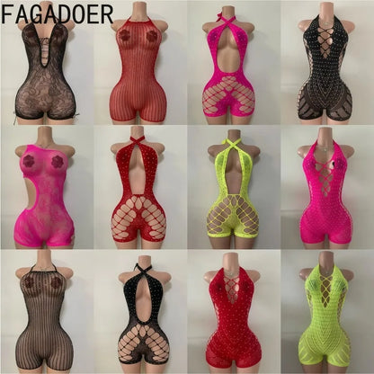 FAGADOER Sexy Hollow-out Rhinestone Patchwork Bodycon Rompers Woman Halter Sleeveless Backless Jumpsuits Female Party Clubwear