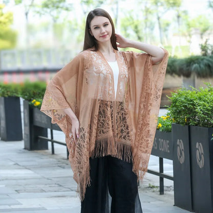 Women Sun Protection Shawl Lady Summer Hollow Out Lace Cardigan Holiday Bikini Blouse Breathable Beach Cape Sexy Long Tippet