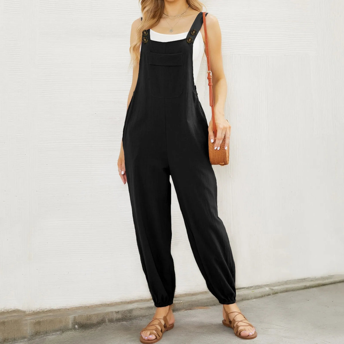 Women'S Sleeveless Overalls Jumpsuit Casual Solid Color Summer Wide Leg Bib Pants Bottons Jumpsuits Rompers With Pockets
