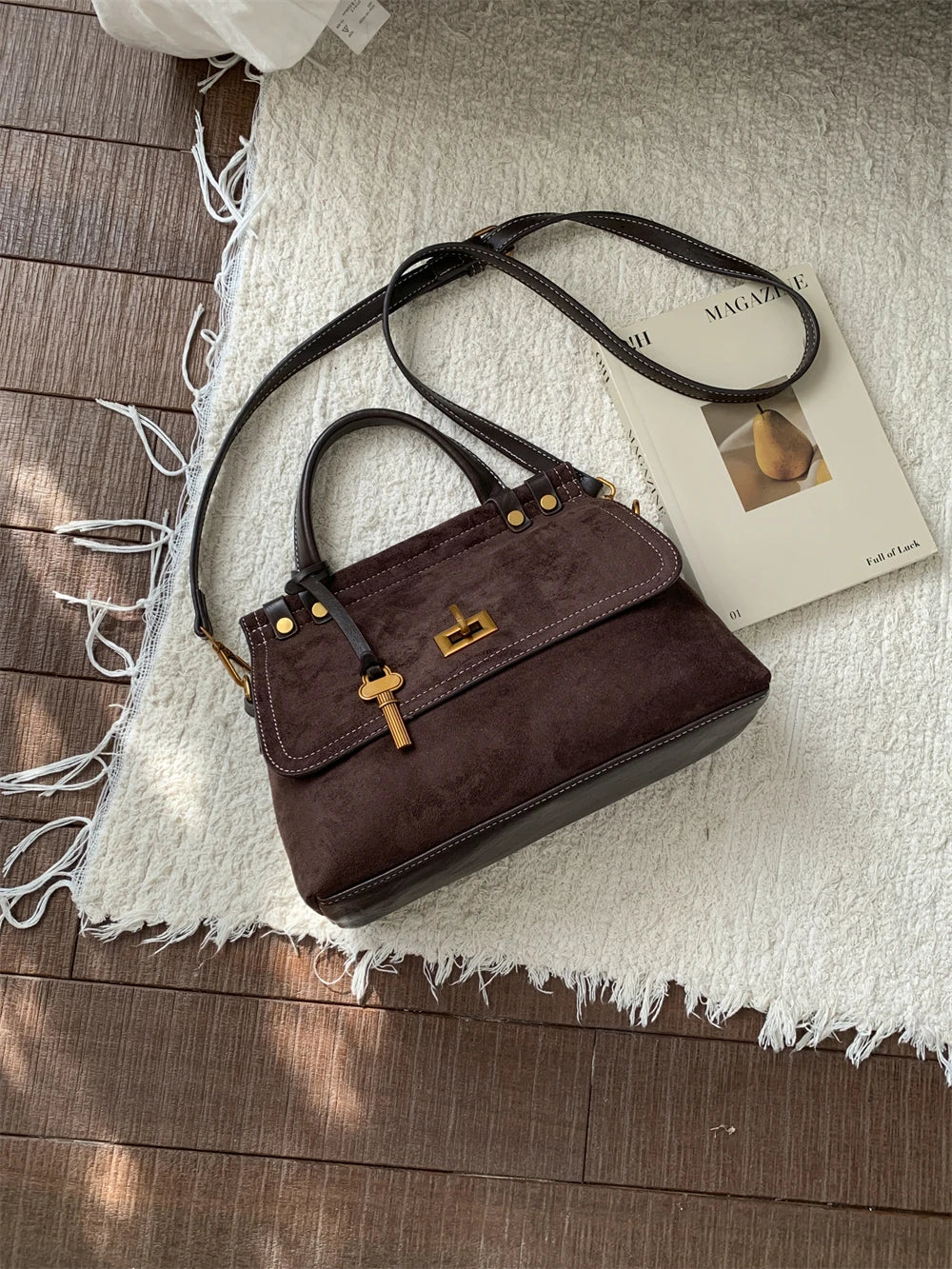 High Quality Retro Top-handle Bags For Women 2025 Winter New Designer Handbags Luxury Flap Shape PU Suede Shoulder Crossbody Bag