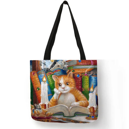 Oil Painting Cat Print Womens Designer Tote Bags Linen Reusable Shopping Bag For Groceries Shoulder Bags for Lady