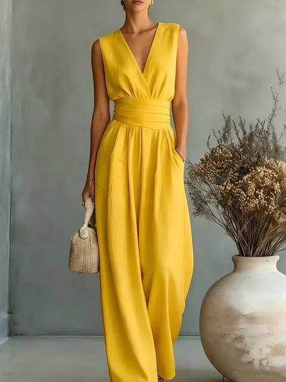 Women Elegant Linen V Neck Short Sleeve Jumpsuit Waist Cinched Wide Leg Long Pants Rompers with Pockets Casual Ladies Overalls