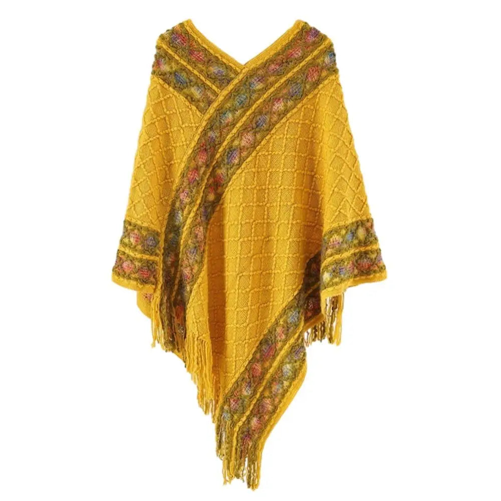 Plush Winter Warm Mongolian Poncho Ethnic Style Imitation Cashmere Rhombic Stripe Tassel Shawl Knitting Wraps Women Fashion