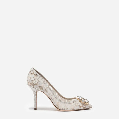 Mesh lace high-heeled shallow mouth shoes 2026 new pointed crystal buckle slim heel fashionable banquet women's single shoes