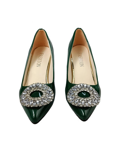 Aphixta Bing Big Crystals Round Buckle 7cm Chunky Heels Pumps Women Shoes Dark Green Fashion and Leisure Pointed Toe Pumps
