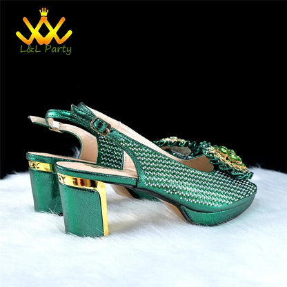 2024 Special New Arrivals Italian Women Shoes and Bag to Match in Green Color with Platform Shinning Crystal Sandal for Wedding