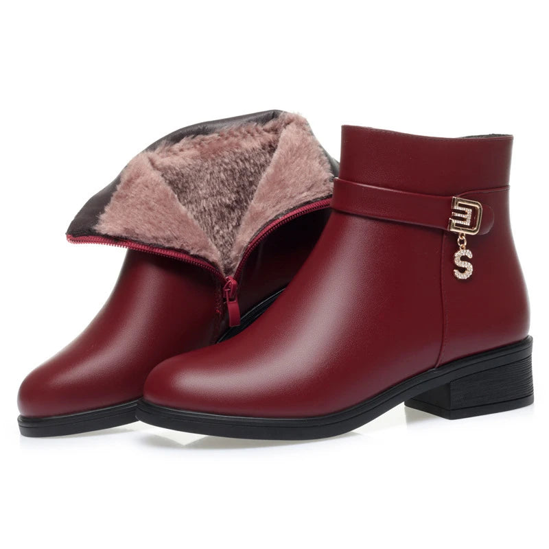 High-Heeled Leather Shoes Spring Single Shoes Thick Heel Thick Sole Slip-On Women's Shoes Square Toe Middle-Aged Mother's Shoes