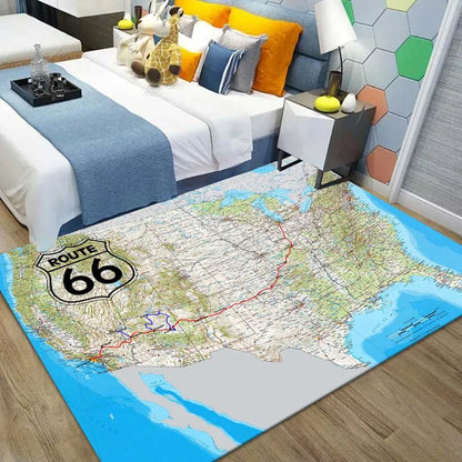 Route 66 Motorcycle Pattern Print Flannel Area Rug Americana Theme Soft Comfortable Floor Mat For Living Room Bedroom