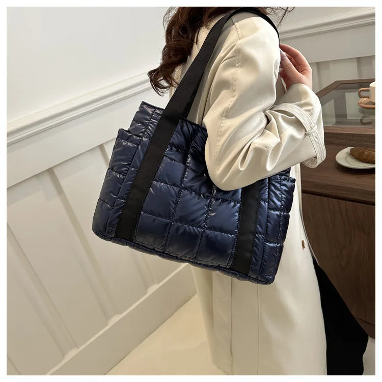 Space Padded Women Shoulder Bags For Winter 2025 Large Capacity Black Handbags Designer Nylon Cotton Warm Tote Solid