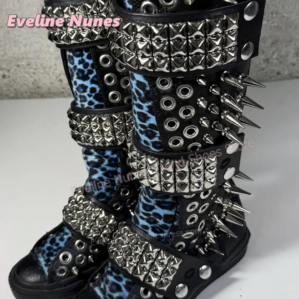 Blue Leopard Print Platform Knee High Boots Metal Spikes and Studs Decor Multi Strap Design Punk Goth Canvas Shoes 2026 Trend