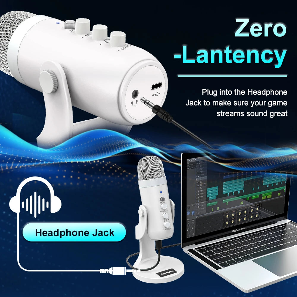 Professional White USB Condenser Microphone Studio Recording Mic for PC Computer Phone Gaming Streaming Podcast Vocals Youtube