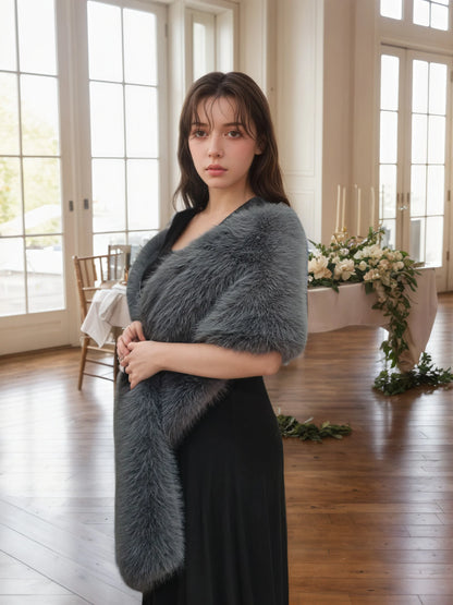 A Handmade Polyester Faux Fox Fur Women's Fashion Shawl for Weddings, Parties, and Gatherings, a Warm and Stylish Accessory