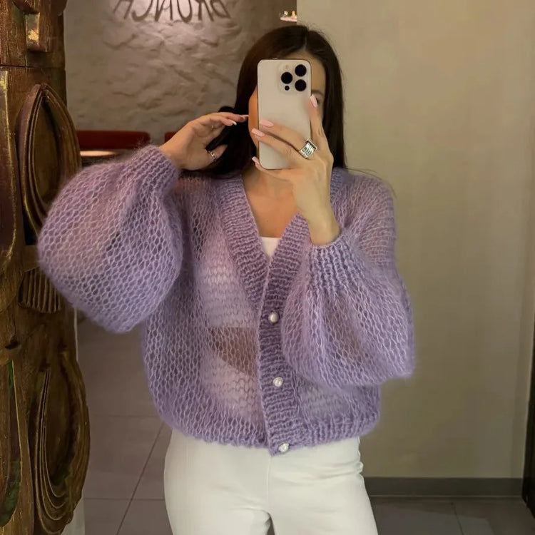 Women Knitting Cardigan 2026 New Women Mohair Knit Cardigan Hollow Out Sheer Long Sleeve Casual Knitted Outerwear Sweater