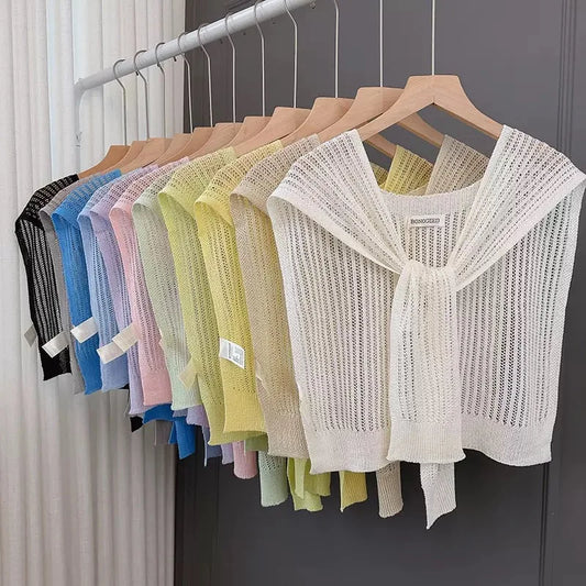 Lace Hollow Linen Knitted Shawl Summer Air Conditioning Fake Collar Neck Guard Knit Thin Knotted Cape Shoulder Scarf For Women