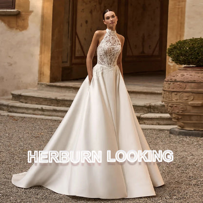 HERBURN Mordern Halter Wedding Dresses for Women Lace Appliques Pocket Pearls Button Backless Bride Vestidos De Novia Customized