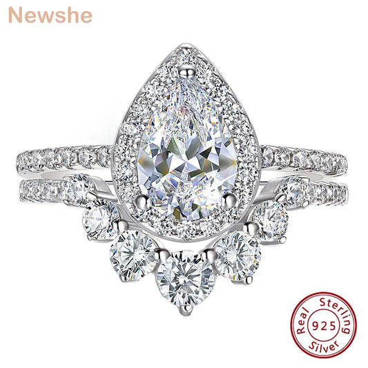 Newshe 1.5 Ct Halo Pear Cut 925 Silver Engagement Ring Set for Women Cambered Wedding Band High Grade Cz Luxury Bridal Jewelry