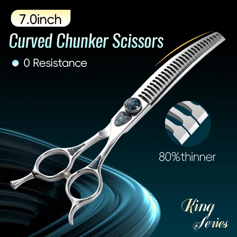 Fenice King Series 7/7.5Inch VG10 Shell Bearing Screws Dog Trimming Grooming Straight Curved Thinner Chunker Pet Scissors Tools