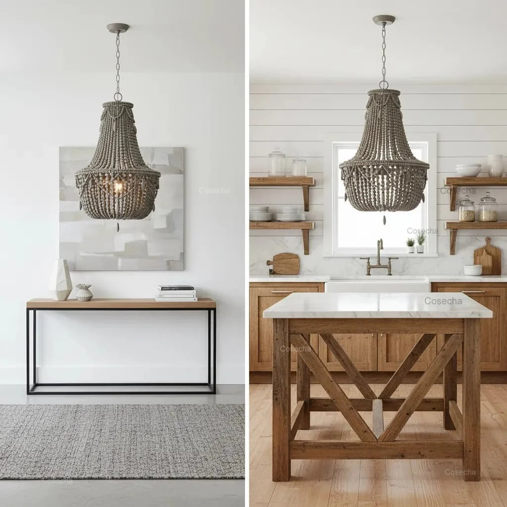 Black French Country Chandelier Large Hanging Lights Dia60 H65cm Living Room Boho Wood Bead Chandelier For Bedroom Dining Room