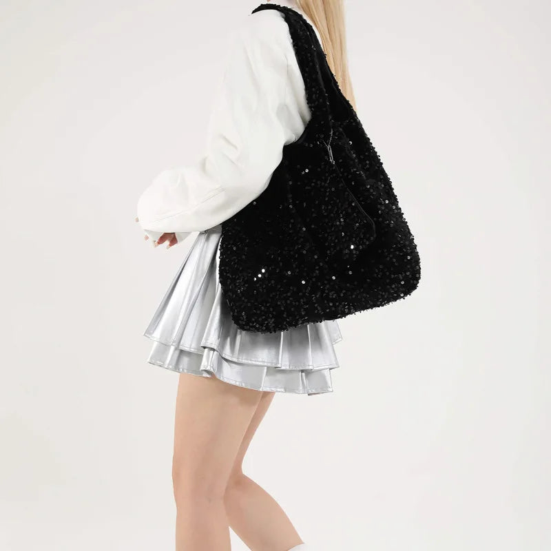 Tote Bag for Women Sequin Shoulder Bag Trendy Hobo Bag Luxury Designer Handbag Slouchy Underarm Bag for Work Travel Shopping