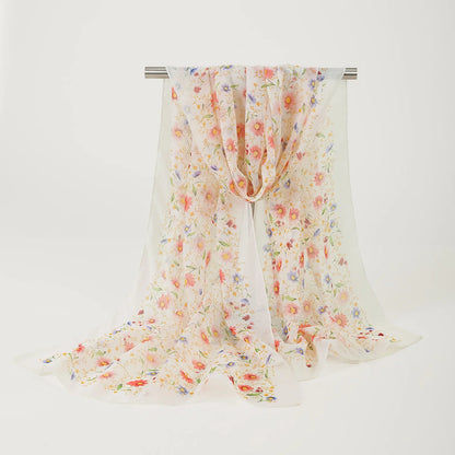 Summer Floral Printed Scarf Elegant Lightweight Chiffon Silk Shawls Travel Beach Sunscreen Towel Fashion Headband Turban