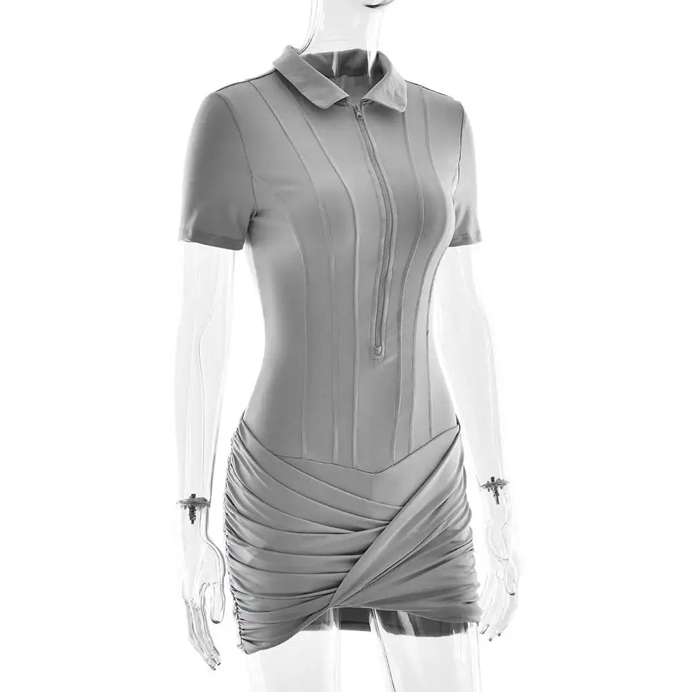 Sibybo Polo Collar Zipper Women Jumpsuits Set Short Sleeve High Elastic Rompers Ruched Bodycon Skirt Spring Casual Matching Sets