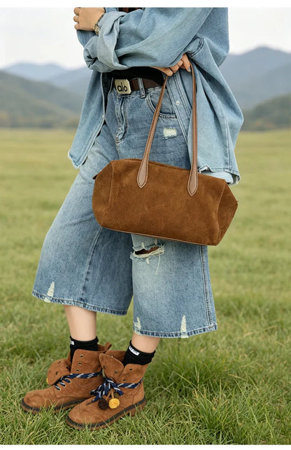 New Women's Natural Suede Leather long handle Shoulder Bag Luxury Designe Genuine Suede Leather Handbags Shopping Underarm Bag