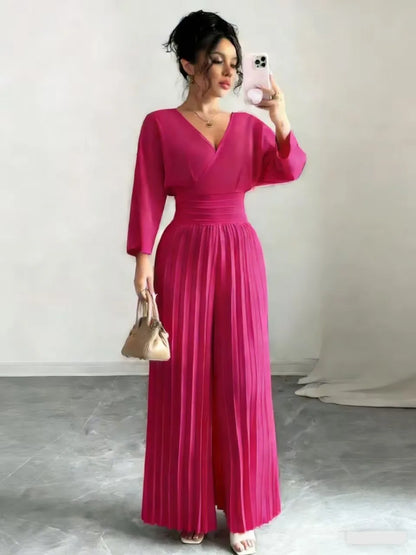 Pleated High Waist Wide Leg Capri Jumpsuits 2026 Trend V Neck Wrap Elegant Women's Palazzos White Three Quarter Long Romper