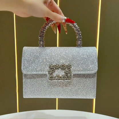 Rhinestone Faux Silk Emerald Evening Bag Silver Diamond Buckle Handle Fashion Handbags Elegant Ladies Square Bolsa Feminina