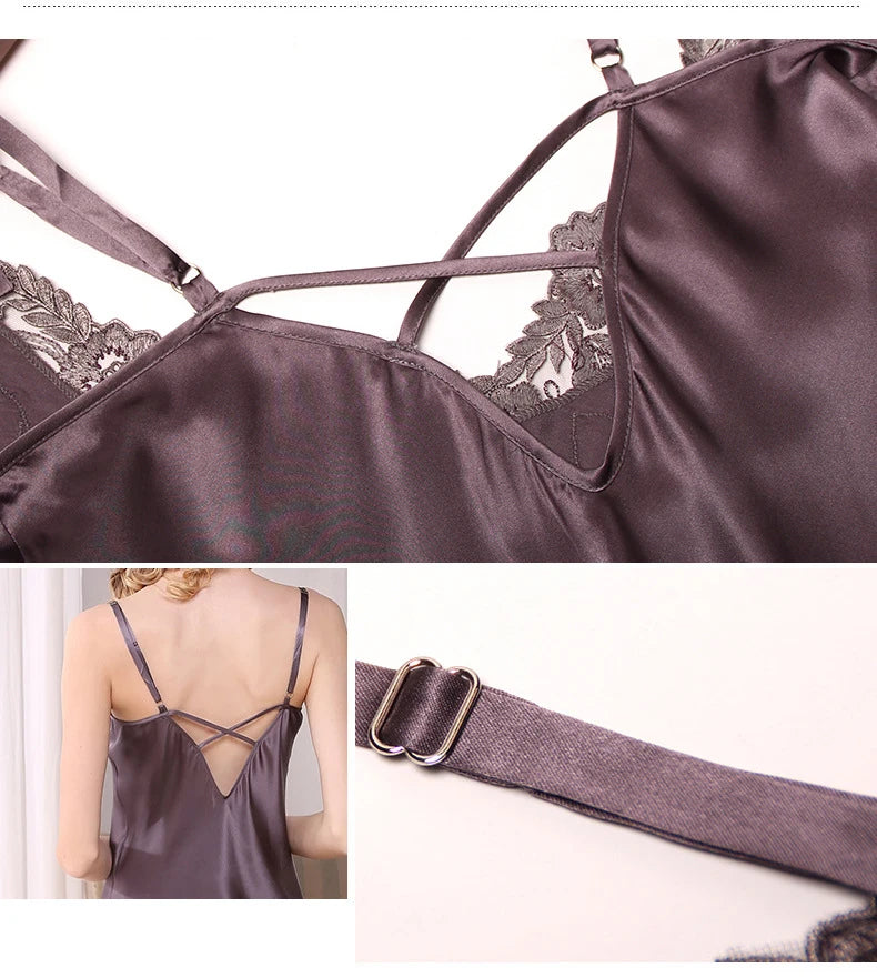 100% Silk Pajamas for Women Spring Summer Cami Nightgown & Robe Two-Piece Set Loungewear Silk Bathrobe Sleepwear
