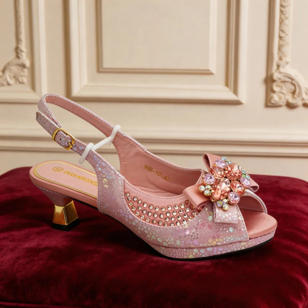 Nigerian Heel Party for Women Gold Color Shoes and Bag Set Rhinestone Handbag Italian Design Wedding Pumps Women Shoes Luxury