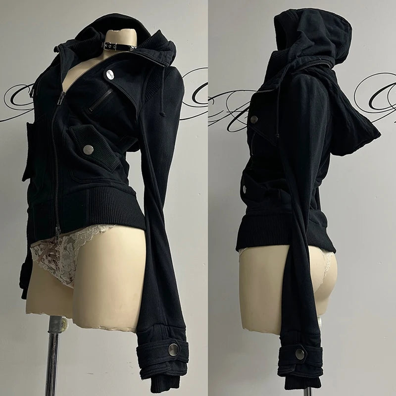 Women's 2025 Gothic Aesthetic Autumn Winter Fur Collar Hoodie Casual Slim Chic Design Cardigan Sweatshirt 2000s Harajuku Clothes