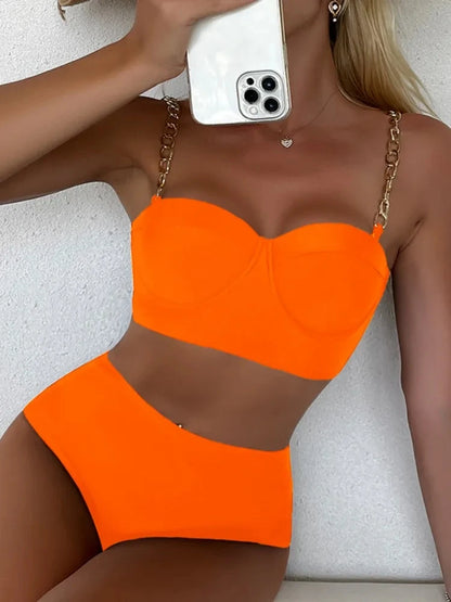 Push Up Bikini Hard Wrap Top Underwire Chain Shoulder Straps High Waist Bottom Swimwear Women Solid Swimming Beach Bathing Suit
