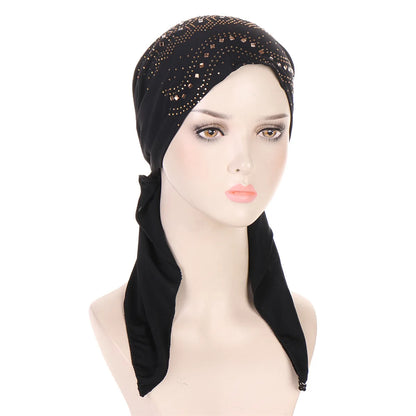Fashion Diamond Women's Hijab Solid Color Muslim Ladies Turban Bonnet Soft Elastic Long Tail Head Wrap Head Scarf Indian Hats